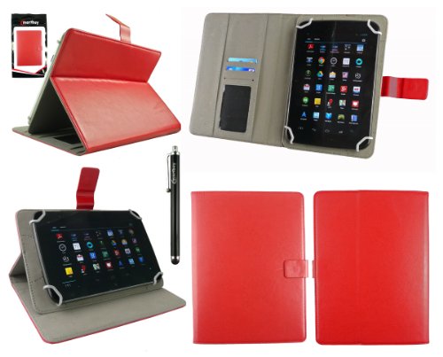 Emartbuy® Schwarz Eingabestift + Universalbereich Rot Multi Winkel Folio Executive Case Cover Wallet Hülle Schutzhülle mit Kartensteckplätze Geeignet für Trekstor SurfTab Breeze 7.0 Quad 7" Zoll Tablet