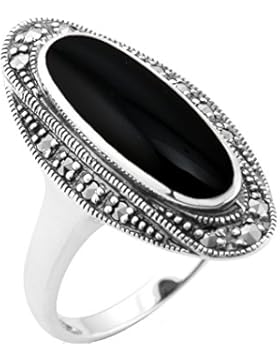 Gemondo Kunst Deko Ring, Sterlingsilber 1,30 Ct Schwarzer Onyx & 0,23 Karat Markasit Cocktail Ring