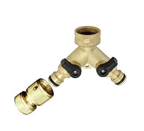 2 Teile Set: Y- Verteiler und Schlauchkupplung mit Wasserstop. Verteiler 3/4'' IG mit Steckverbindung 1/2 Zoll Ausgänge mit 2 Kugelhähne. 2-Wege-Ventil für Gartenschlauch. Y-Verteilerstück