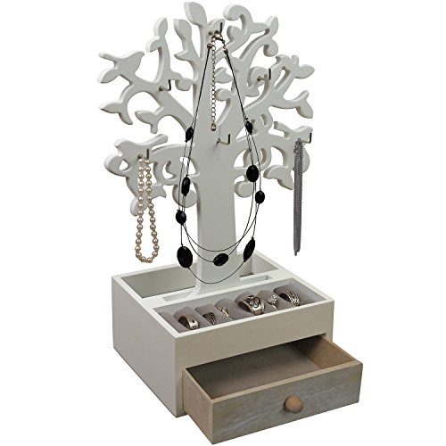 Schmuckbaum H30,5cm mit Schmuckkasten Ablagen + Schubfach Schmuckständer Schmuckhalter Kettenständer Weiß/Natur