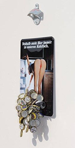 Wand-Flaschenöffner / Flaschen-Öffner mit Magnet-Falle + Blechschild "Bier immer im unteren Kühlfach"