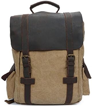 LF&amp;F New Products Retro High-Grade Canvas / Leather Men And Women Casual Shoulder Bag Outdoor Travel Backpack Student Trend Bag Multi Pocketed Daypacks Adjustable Shoulder StrapKhaki 14L