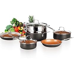 Batterie de casseroles et poêles avec revêtement en cuivre et céramique anti-adhérente ultra résistante anti-rayures poignées en acier - Set 10 pièces pour cuisinière gaz, four et plaque à induction