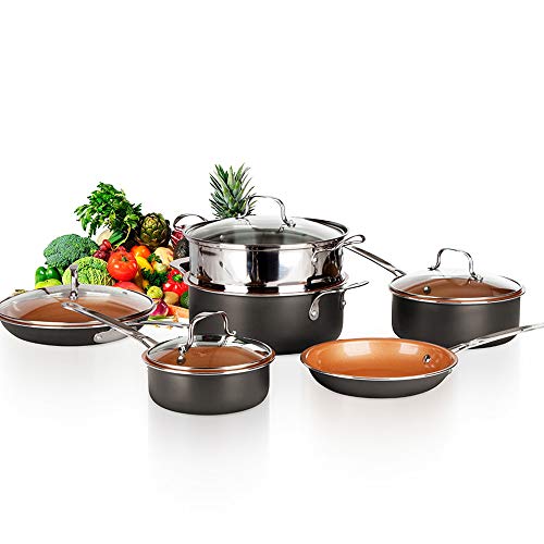Batterie de casseroles et poêles avec revêtement en cuivre et céramique anti-adhérente ultra résistante anti-rayures poignées en acier - Set 10 pièces pour cuisinière gaz, four et plaque à induction