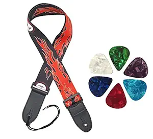 WILSON Adjustable Guitar Strap with PU Leather Ends with 8 picks (Fire Guitar)