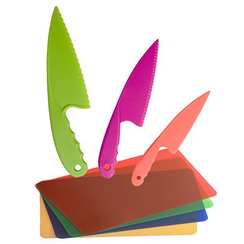 GarMills Set de Cuchillos para Niños, 3 Unidades en 3 Colores, para Niños, Cuchillos de Cocina Seguros de Nailon, con Tabla de Picar de Plástico, Set de 4, para Pan, Lechuga o Ensalada.