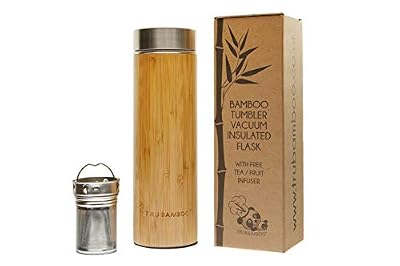 Tru Bamboo bambou Gobelet 500 ml Triple Paroi Thermos isotherme Gobelet. Bouteille d'eauen acier inoxydable Isolation sous vide à café à thé et fruit panier Infuseur. Mug de voyage par Tru Bamboo