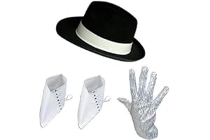 GÉNÉRIQUE Michael Jackson Chapeau Noir à Paillettes Gants et blanc Spats Fancy Dress Kit