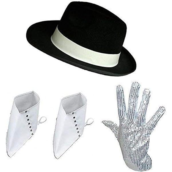 Kit Déguisement Michael Jackson - Chapeau Noir Paillettes, Gant Blanc, Spats