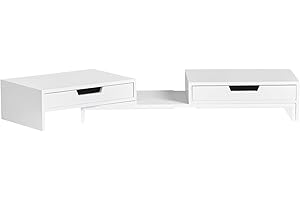 SoBuy Rehausseur Écran PC Bureau avec 2 Tiroirs Support Écran PC Rehausseur Ordinateur Portable Support Moniteur Réglable Blanc 60–107x22x11cm BBF04-W