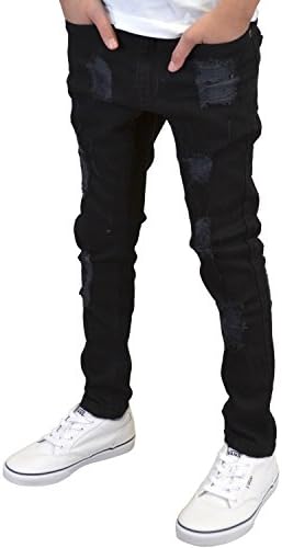 526Jeanswear Boys/Kids/Youths Skinny Stretch Ripped/Non Ripped Designer Jeans (Rip Jet Black, 8 Years - 22" Waist)