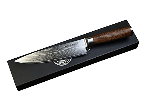 Damastmesser von ALPENKOCH – 20 cm Klinge – Kochmesser – HRC 60 – Äußerst scharf! – Pakka-Holz Griff – perfekt ausbalanciert – Ideal für Hobby- & Profiköche mit hohen Ansprüchen (Chef) - 4