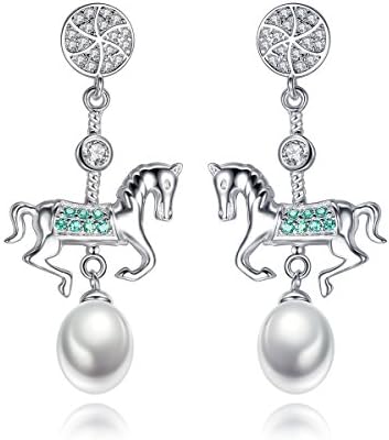 Vintage Freshwater Pearl Earring Fashion Crystal Trojan Horse Earrings for Women Christmas Presents Gift for Women Girls (White)
