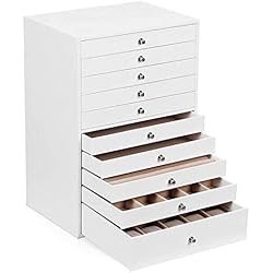 SONGMICS Boîte à Bijoux Extra large, Boîte de rangement à 10 Niveaux, Organiseur en PU, avec Tiroir, Blanc JBC10W