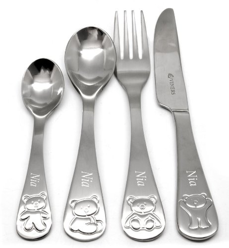 Personalised Teddy Bear Stainless Steel Childrens 4 Piece Cutlery Set, Engraved