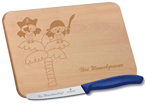 Frühstücksset 2-teilig personalisiert - Holzbrettchen und Victorinox Brötchenmesser mit Wellenschliff (Blau)