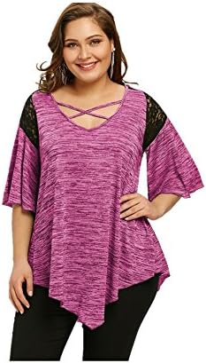 Womens Casual Plus Size Uneven Hem Short Sleeve T-Shirt V-Shaped Neckline With Cross Straps (Red, XXXXL)