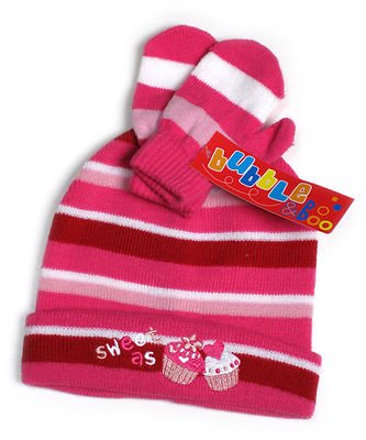 Baby Girls Pink Sweet As Cupcake Acrylic Hat Mittens Set 3-12 Months