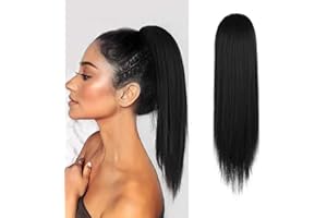 BARSDAR Ponytail Extensions, Short Straight Drawstring Ponytail Hair Extensions Synthetic Hair Ponytail Clip in Ponytail 14 inch Fluffy Yaki Hairpiece for Women Girls - Black