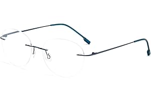 MMOWW Circular Gafas de lectura sin Marco Gafas Aleación Titanio Ultraligeras Para Hombres y Mujeres, Gafas de Computadora de Ayuda con lente de Resina (Azul, +2.0)