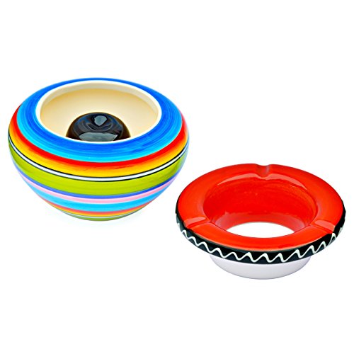 Aschenbecher aus Keramik – 4 Stück – bunt gestreift – mit rotem Deckel – neu - 7
