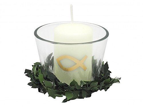 SET: 6x Votivglas 6x Kerzen Fisch Gold mit Kerzenring Kommunion Konfirmation Tischdeko - 2