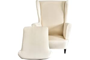 Highdi Funda de Sillón de Orejas Elástica Terciopelo, Funda de Sofá Relax 2 Piezas con Funda de Cojín, Color sólido Fundas Protector de Butaca para Dormitorio,Recepción,Club (Color Crema)