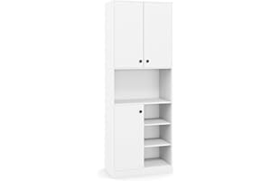 TANGZON Tall Kitchen Cupboard, 3-door Storage Cabinet with Countertop, Open Shelves & Anti-tipping Device, Freestanding Pantry Cupboard Kitchen Units for Dining Room Living Room, White