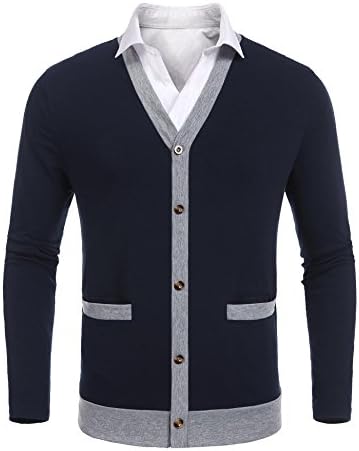zeela Men's Casual Cardigan Long Sleeve Outwear V-Neck Sweater Cotton Patchwork Knitted Business Winterwear Button Through Cardigan Autumn&Spring