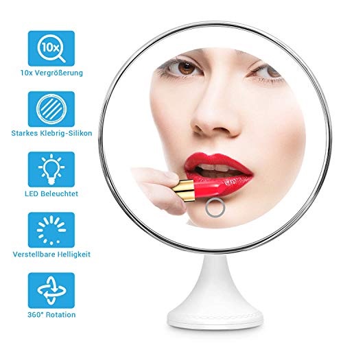 BEQOOL Kosmetikspiegel 10x Vergrößerungsspiegel Schminkspiegel mit Verstellbarer LED-Licht Starkem klebrig-Silikon 360°schwenkbar Make-up Spiegel Rasierspiegel für Badzimmer Kosmetikstudio und Hotel