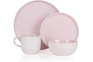 Barbary & Oak BO867004PNK Oslo 16 Piece Dinnerware Set, Stoneware, White and Pink Lemonade