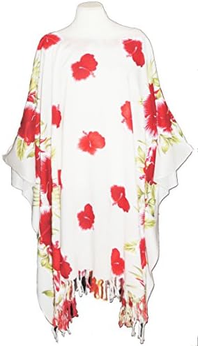 Ladies Kaftan Tunic Hawaiian Beachwear Bikini Cover Up One Size Fits All Freesize Large Plus (White/Red Hibiscus)