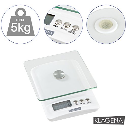 KLAGENA Digitale Küchenwaage mit LCD-Display, in weiß, bis 5000 g – Elektronische Waage / Lebensmittel-Waage / Brief-Waage / Tisch-Waage / Digital-Waage – mit 2 Jahren Geld-zurück-Garantie .. - 2