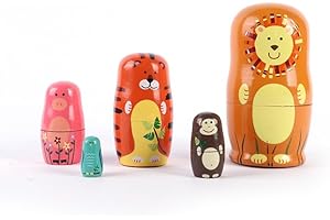 Fonyet Russische Matroschka für Kinder 5 Stück Tiere Matrjoschka Puppen Holz Russische Nistpuppen, Matruschka Figuren Stapeln Puppen Spielzeug Geschenk für Kinder Geburtstag (Animals)