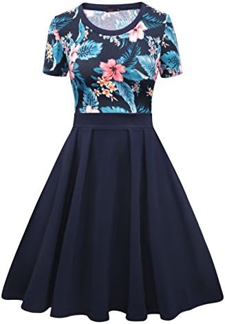 Vessos Women's Casual Flare Floral Contrast Short Sleeve Cocktail Party Dress (XX-Large, Blue Flroal)