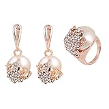 Gudeke Pendientes Anillo conjunto Oro Rosa de perlas de rana cristal de moda
