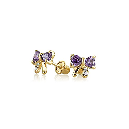 Winzige Minimalistische Kubischer Zirkon Lila Simuliert Amethyst Cz Ribbon Bow Ohrstecker Für Frauen Echte 14K Gold Schraube Zurück