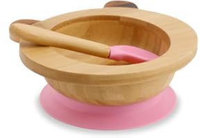 GREENBOX Bambusschalen-Set Panda I Saugnapf-Schüssel mit Löffel - FSC-zertifiziert I tolles Bambus Holz-Schüssel-Set f. Kinder - Baby-Brei-Schüssel & Müslischale I Baby Bambus-Geschirr pink