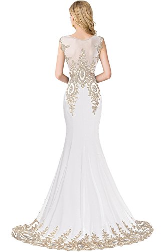 MisShow Robe de Cocktail Longue Elégante avec Appliques à Traîne Robe de Soirée Chic Sexy Dos Ajouré Ivoire 36