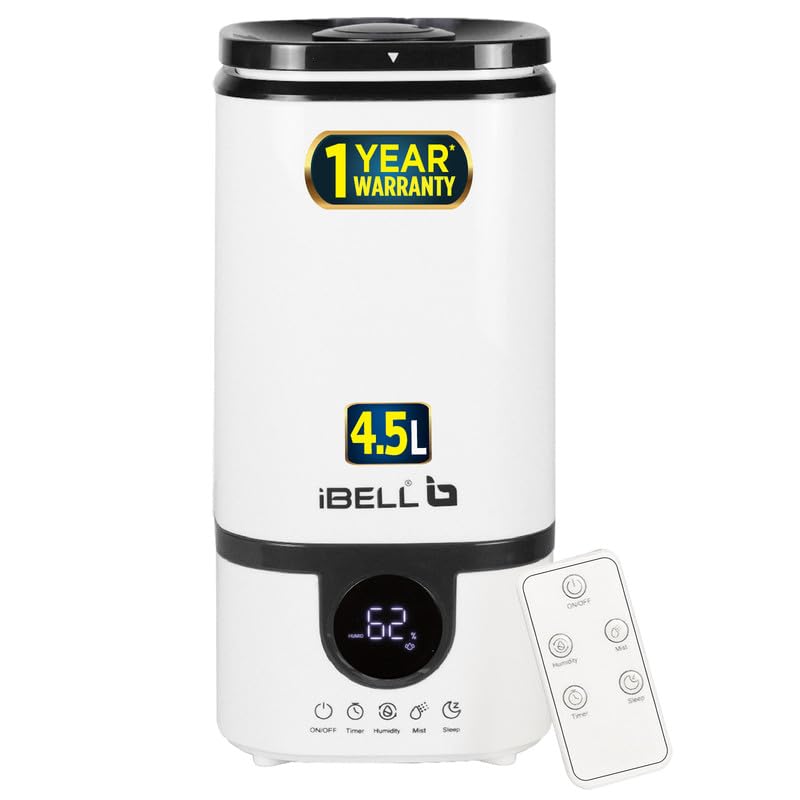iBELL Humidifier for room with Remote, Digital display, 4.5L, Ultrasonic, Adjustable Mist Output, Super Quiet 360Â° Nozzle, Lasts Up To 24 Hrs, Essential Oil Diffuser, HU450RB (White)