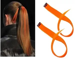 Pelo Hair Streak Colored Extension Highlighted Clips For Girls Neon Orange Set Of 2