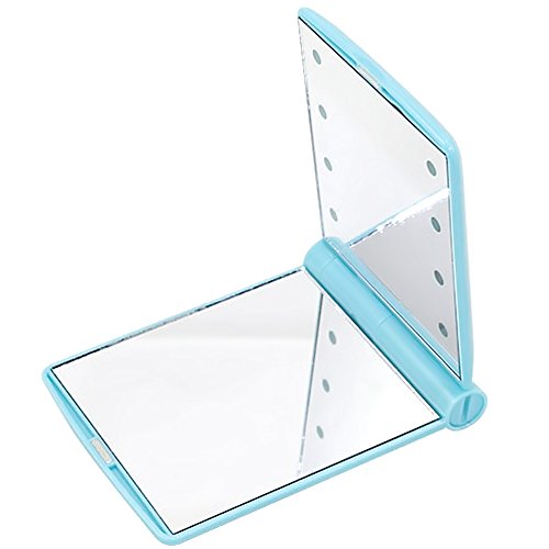 Women Ladies Make Up Cosmetic Compact Portable Folding Pocket Mirror with 8 Led Light Light Blue
