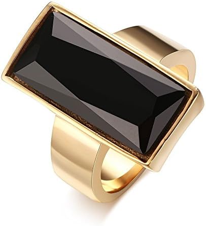 Stainless Steel Gold Plated Rectangular Black Glass Crystal Ring for Women