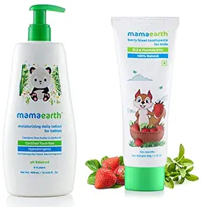 Mamaearth 100% Natural Berry Blast Kids Toothpaste 50 Gm, Fluoride Free, Sls Free, No Artificial Fla And Mamaearth Daily Moisturizing Natural Baby Lotion (400 Ml)