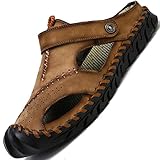  tqgold® Sandalen Herren Leder Clogs Sommer Outdoor Sport Geschlossen Hausschuhe Freizeit Pantoletten(Khaki,Größe43)