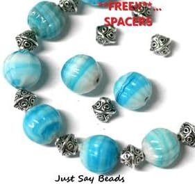 10 x Turquoise Pumpkin Stripey Glass Beads 10mm + 10 x Antique Silver Plated Spacers...FREE! "The Turquoise Collection" (Ref2A3)