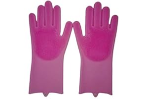 Onlineforu lTD Dishwashing Cleaning Sponge Gloves Reusable Silicone Brush Scrubber Gloves Heat Resistant for Dishwashing Kitchen Bathroom Cleaning Pet Hair Care Car Washing PINK
