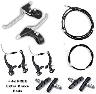 FREE DELIVERY Complete V Brake Set in choice of 2 Colours Black or Silver - V brakes + Levers + Cables + 4x extra FREE brake pads - Front Rear Inner Outer Cables Includes all fixings fittings Alloy - Suitable for MTB Mountain Bike Hybrid BMX etc... (Black)
