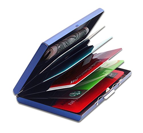 HONB Slim Credit Card Case with RFID Technology - Brushed Stainless Steel Business Card Holder For Men & Women - Credit and Debit Card Protector Against Financial Fraud & Identity Theft (Blue)