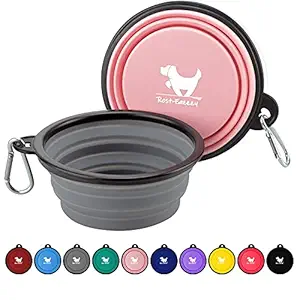 Rest-Eazzzy Collapsible Dog Bowls for Travel, 2-Pack Dog Portable Water Bowl for Dogs Cats Pet Foldable Feeding Watering Dish for Traveling Camping Walking with 2 Carabiners, BPA Free (Grey&Pink)